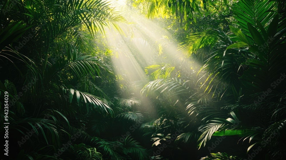 A dense jungle canopy with shafts of sunlight filtering through the thick foliage, capturing the lush and vibrant environment with ample copy space. A dense jungle canopy with shafts of sunlight filtering through the thick foliage, capturing the lush and vibrant environment with ample copy space.