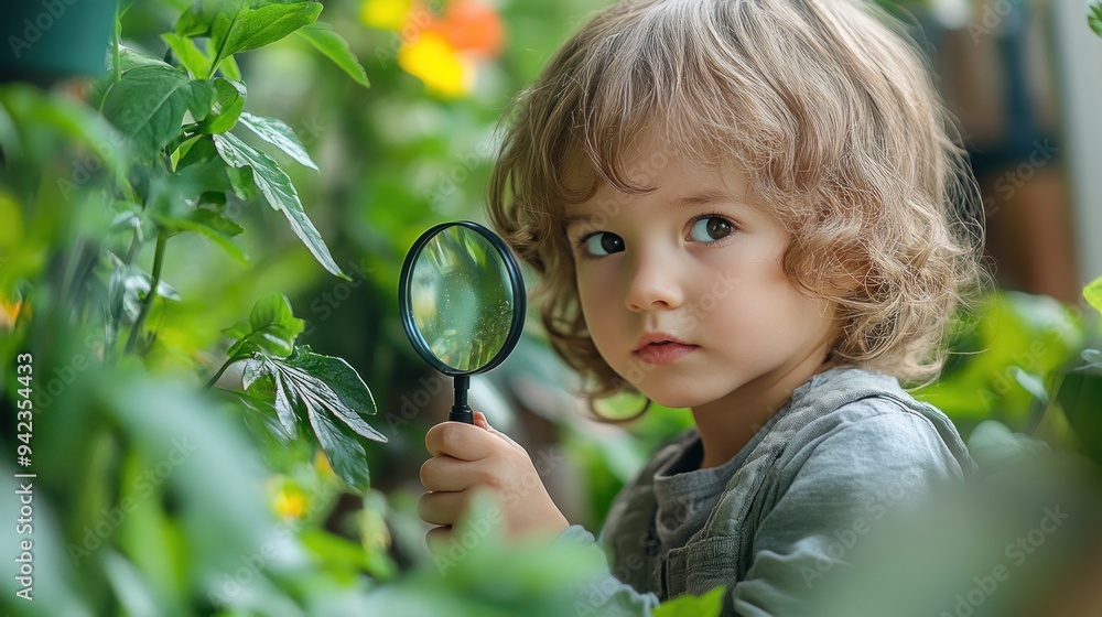A young child holding a magnifying glass and looking at a plant. The child appears to be curious and interested in the plant A young child holding a magnifying glass and looking at a plant. The child appears to be curious and interested in the plant