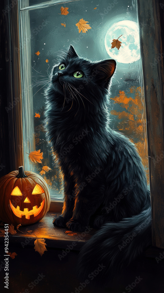 The image has a spooky and mysterious mood, with the black cat. The image has a spooky and mysterious mood, with the black cat.