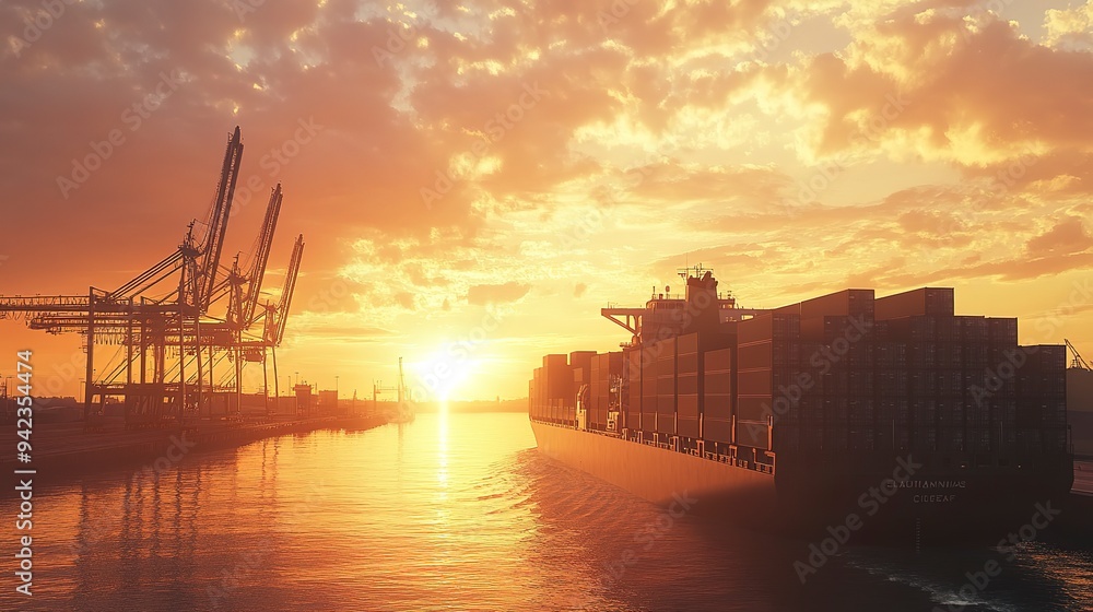 Obraz premium Sunset Cargo Ship at Port