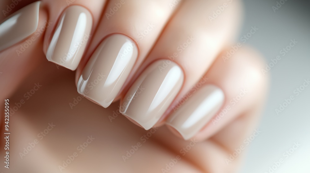 A close-up shot of a hand showcasing a glossy nude manicure, highlighting the smooth and polished look of the nails. A close-up shot of a hand showcasing a glossy nude manicure, highlighting the smooth and polished look of the nails.