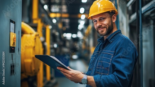 A man wearing a yellow hard hat is smiling and holding a tablet. He is in a factory or industrial setting