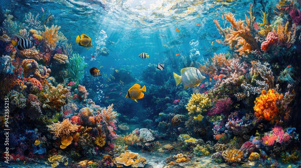 A detailed view of a coral reef ecosystem with various marine creatures interacting, including fish, crabs, and sea urchins. A detailed view of a coral reef ecosystem with various marine creatures interacting, including fish, crabs, and sea urchins.