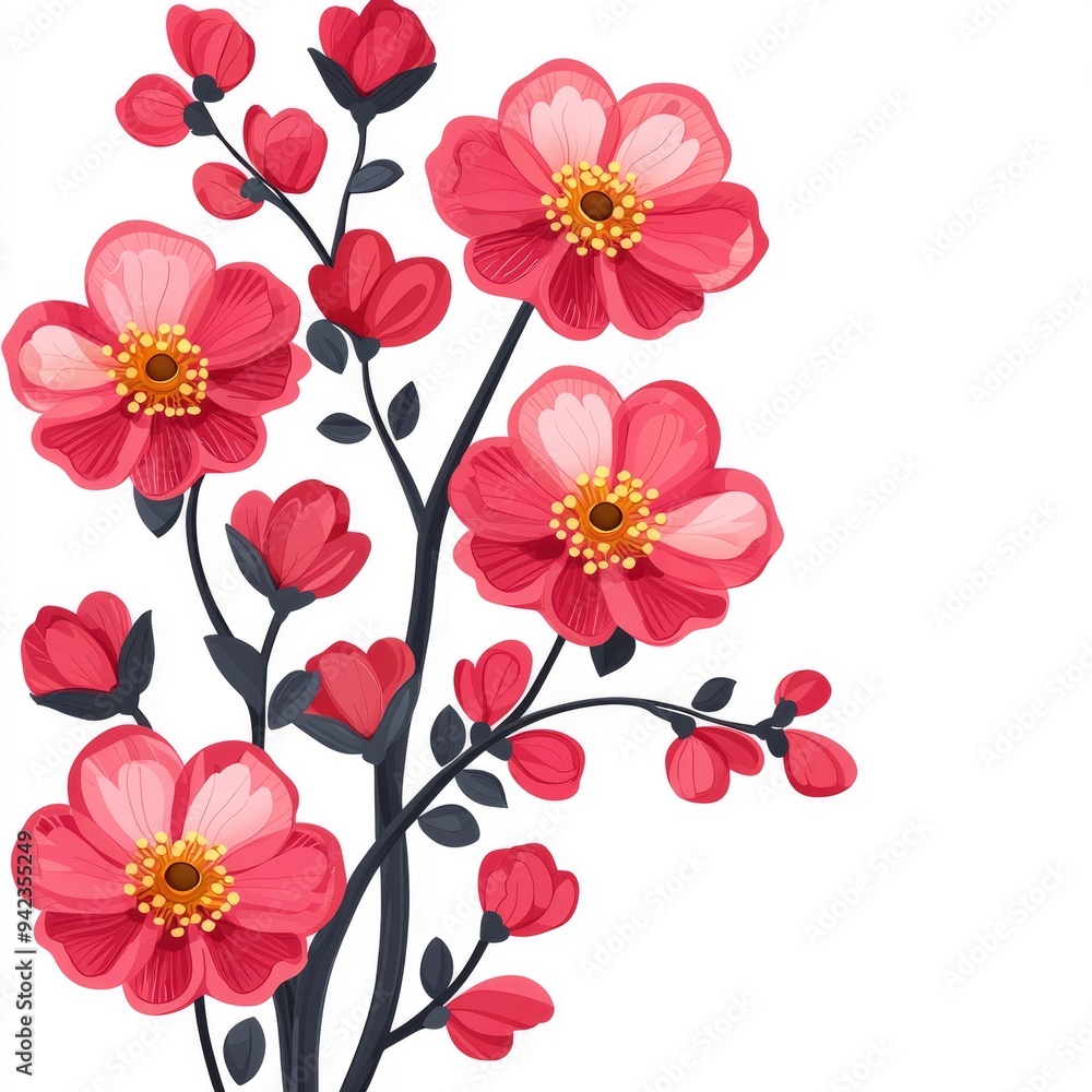 Blooming Pink Flowers Branch Illustration Blooming Pink Flowers Branch Illustration