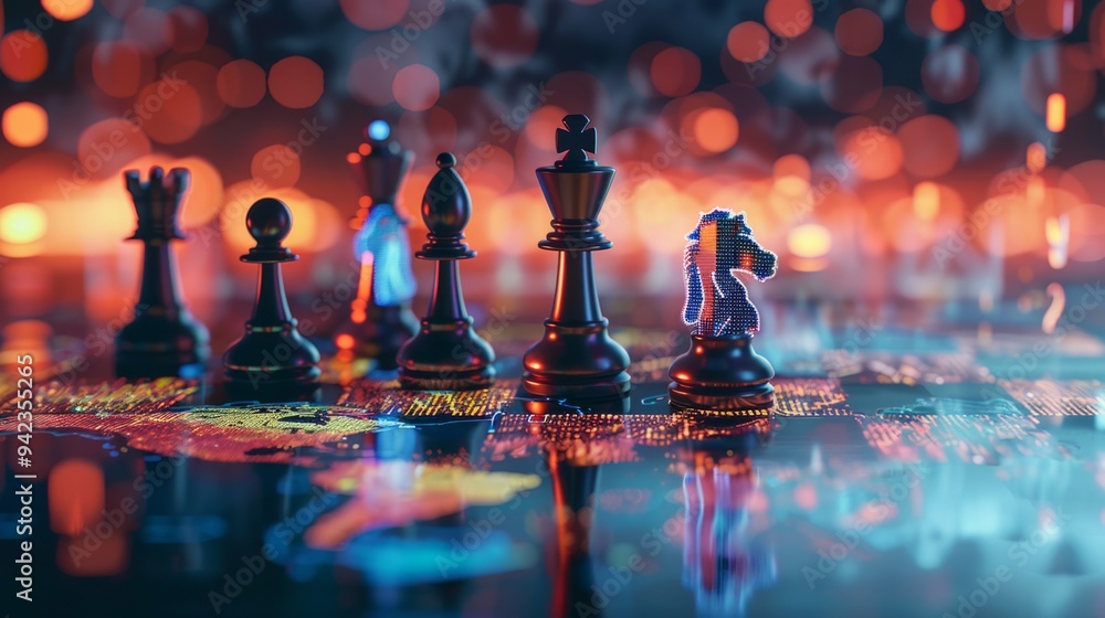 Chess pieces on a holographic board, reflecting world map, international business leadership generative ai Chess pieces on a holographic board, reflecting world map, international business leadership generative ai