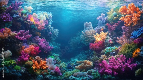 A detailed view of a coral reef with colorful corals, sea anemones, and diverse marine life, creating a vibrant and engaging background with ample copy space.