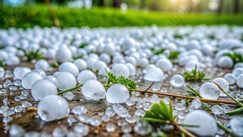 Hailstorm with ice pellets hitting the ground, severe weather, frozen precipitation photo