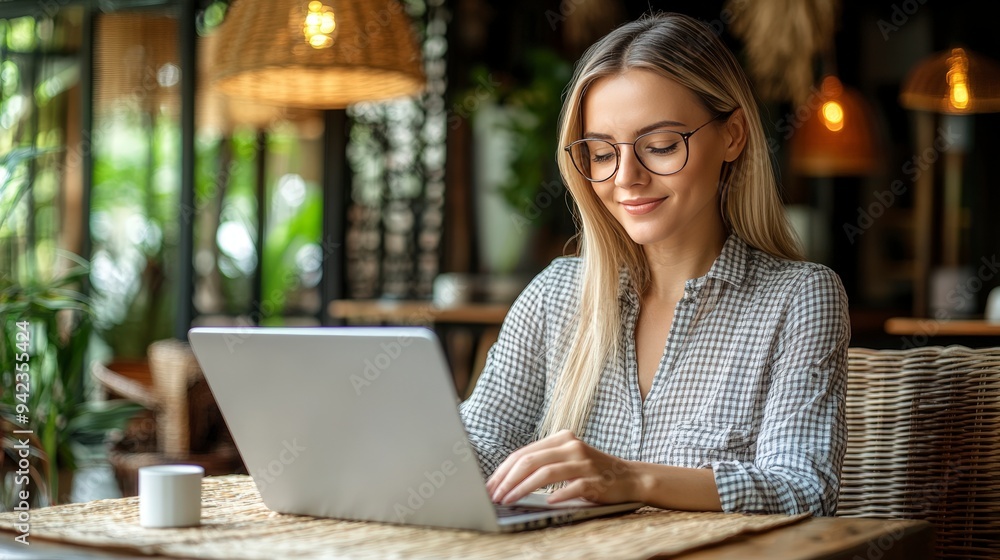 A woman working on a laptop in a cozy caf? setting, smiling and focused. A woman working on a laptop in a cozy caf? setting, smiling and focused.