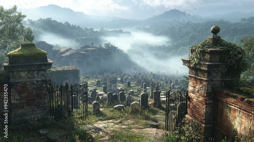 Atmospheric view of an ancient, overgrown cemetery enveloped in morning mist with mountain backdrop and dense greenery