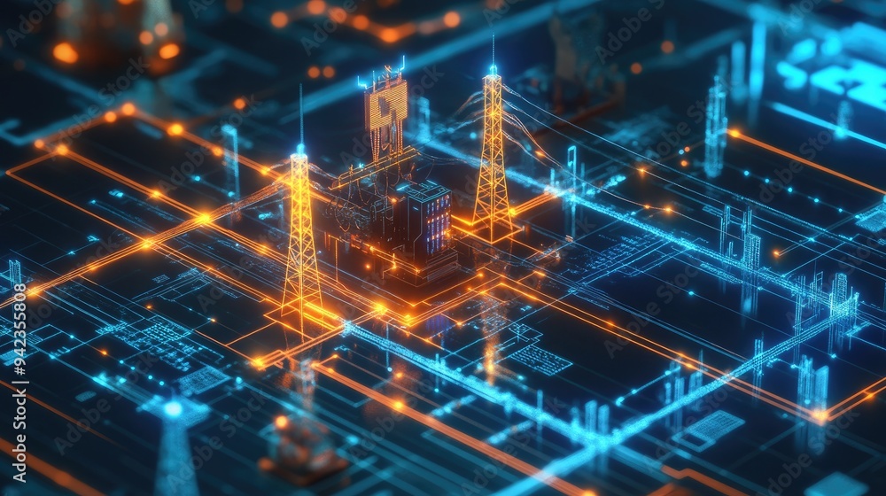 A digital rendering of a smart grid with IoT sensors monitoring and optimizing energy usage. A digital rendering of a smart grid with IoT sensors monitoring and optimizing energy usage.
