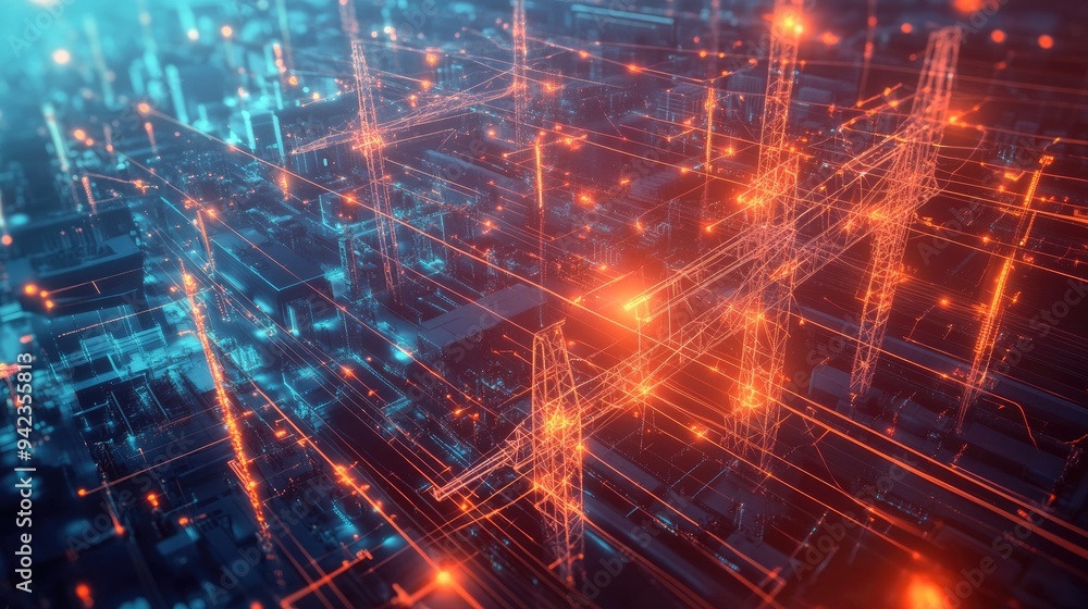 A digital rendering of a smart grid with IoT sensors monitoring and optimizing energy usage. A digital rendering of a smart grid with IoT sensors monitoring and optimizing energy usage.