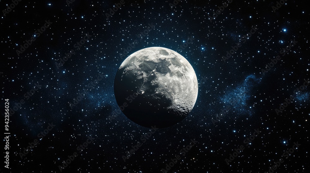 A distant view of the moon floating in the vastness of space, with stars twinkling in the dark background, providing a cosmic scene with ample space for copy. A distant view of the moon floating in the vastness of space, with stars twinkling in the dark background, providing a cosmic scene with ample space for copy.