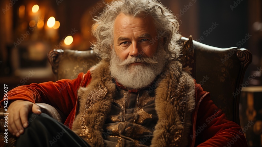 traditional Santa Claus sitting in his arm chair in a Christmas decorated living room traditional Santa Claus sitting in his arm chair in a Christmas decorated living room