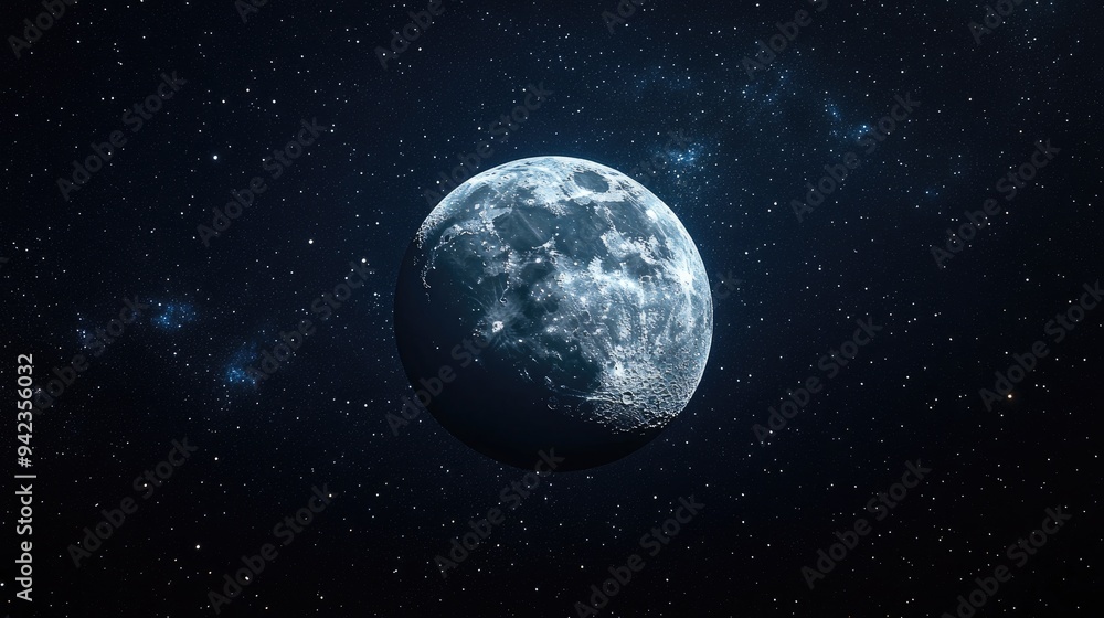 Naklejka premium A distant view of the moon floating in the vastness of space, with stars twinkling in the dark background, providing a cosmic scene with ample space for copy.