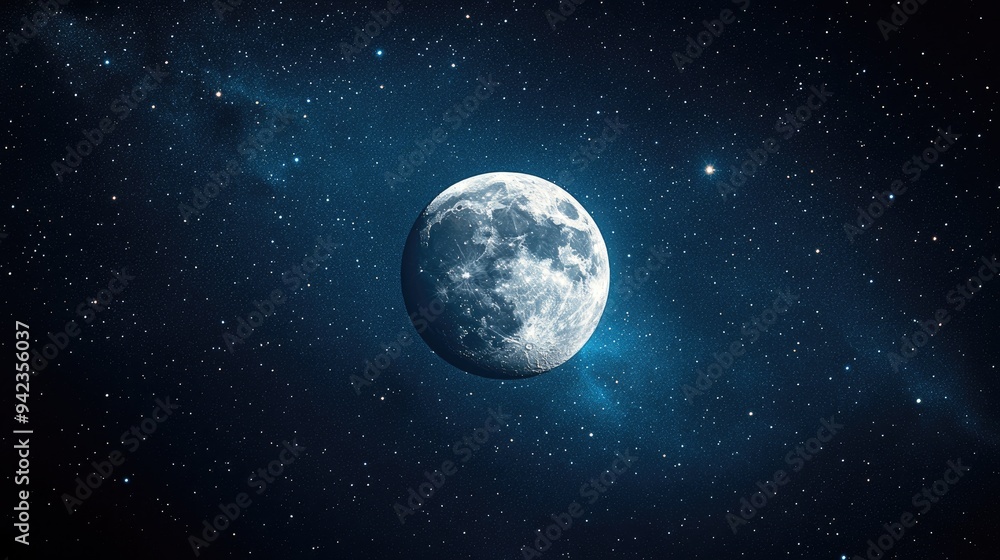 A distant view of the moon floating in the vastness of space, with stars twinkling in the dark background, providing a cosmic scene with ample space for copy. A distant view of the moon floating in the vastness of space, with stars twinkling in the dark background, providing a cosmic scene with ample space for copy.