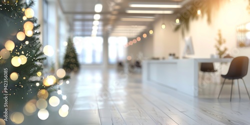 Christmas tree with lights in modern office cozy holiday decor workplace celebration seasonal festive atmosphere bright decorations concept photo