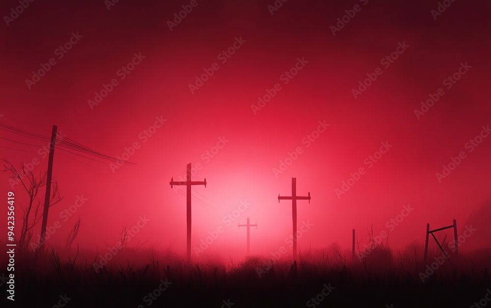 Obraz premium A haunting landscape featuring crosses under a mysterious red fog, evoking a sense of unease and intrigue in the viewer.