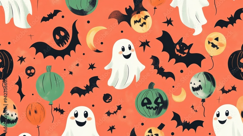 A festive pattern featuring ghosts, bats, pumpkins, and balloons, perfect for Halloween. A festive pattern featuring ghosts, bats, pumpkins, and balloons, perfect for Halloween.