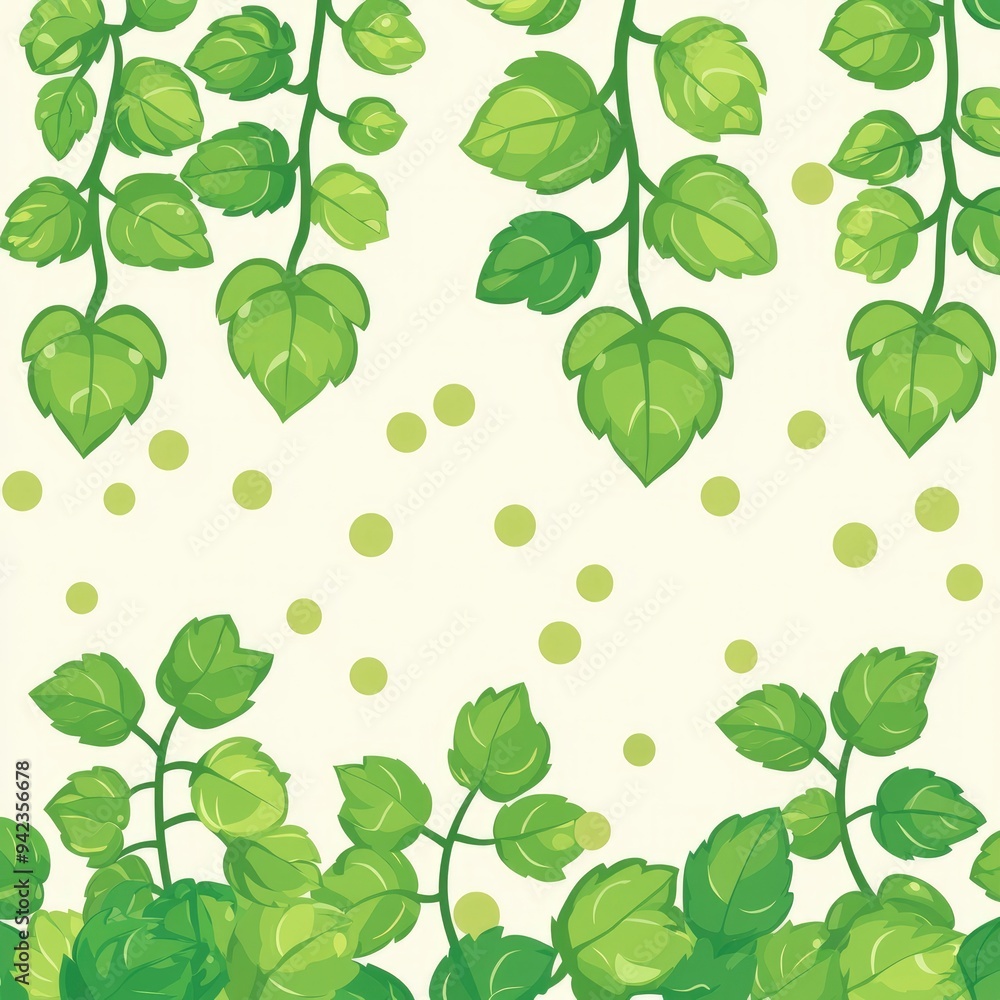 Obraz premium Green Leaf Pattern with White Background and Green Dots