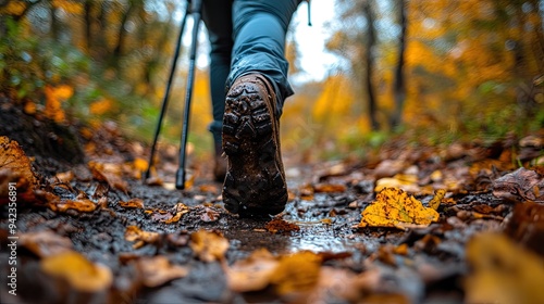 a trail covered in leaves and dirt, with a hiking backpack and trekking poles visible, capturing the practical side of hiking with pets.