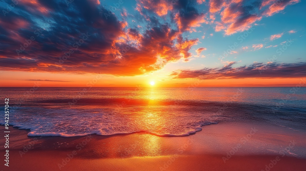 Fototapeta premium A dramatic beach sunset, with clouds streaked across the sky and the sun casting a warm glow over the water.