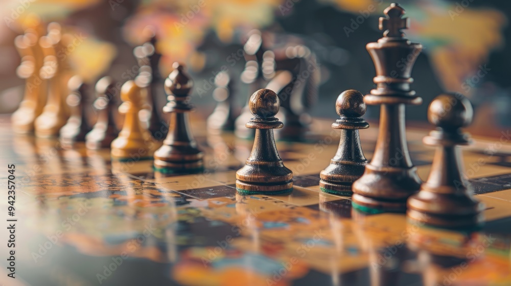 Chess pieces seen from close up, reflecting world map, cross-border business strategy generative ai Chess pieces seen from close up, reflecting world map, cross-border business strategy generative ai
