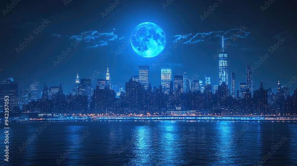 Fototapeta premium A dramatic blue moon over a city skyline, with the moons cool light illuminating the urban environment, perfect for celestial and urban themes with ample copy space.