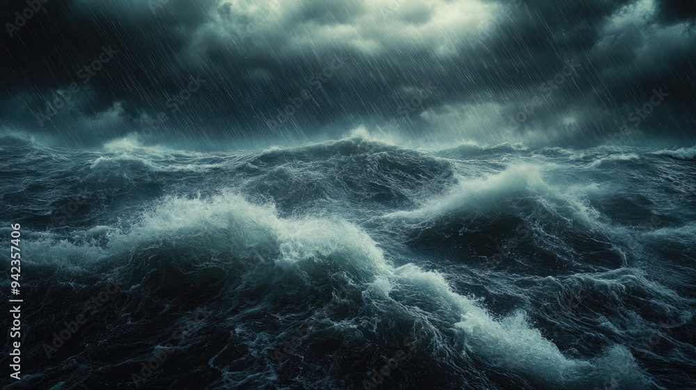 A dramatic ocean storm scene with dark, turbulent waves and rain clouds overhead, creating a powerful and intense atmosphere. A dramatic ocean storm scene with dark, turbulent waves and rain clouds overhead, creating a powerful and intense atmosphere.