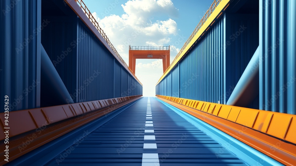 A long, straight road leading to a bright, open sky through a futuristic bridge. A long, straight road leading to a bright, open sky through a futuristic bridge.