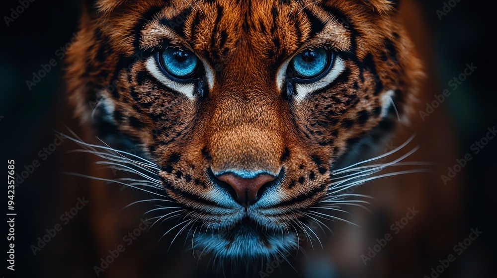 A close-up of a tiger's face, showcasing its striking blue eyes and detailed fur patterns. A close-up of a tiger's face, showcasing its striking blue eyes and detailed fur patterns.