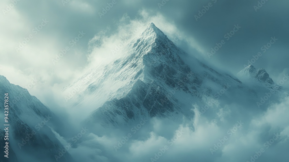 Naklejka premium A dramatic shot of a mountain peak shrouded in clouds, offering a powerful landscape image with room for text.