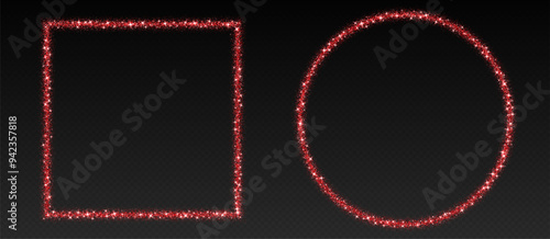 Red glitter frames, shimmering borders in circle and square shapes, festive holiday sparkles. Christmas decoration. Vector illustration.