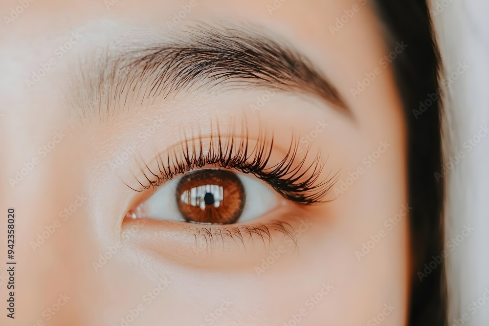 Obraz premium Woman's eyes after classic 2d volume eyelash extensions and eyebrow correction. Natural beauty. Cosmetology and skin care, makeup and cosmetic concept. Closeup. Background for banner or poster
