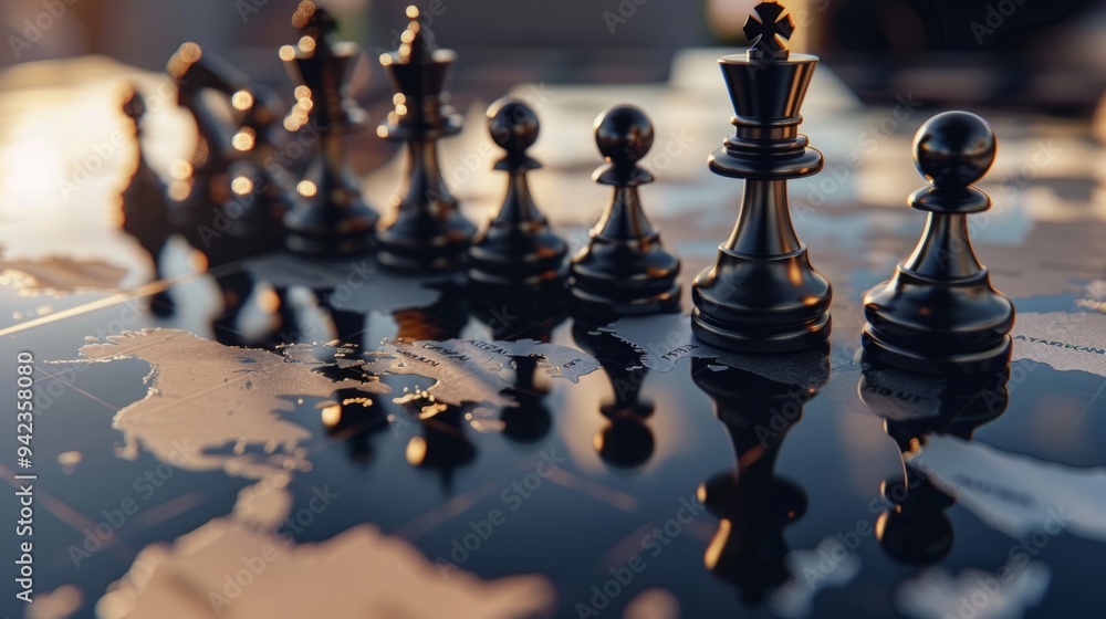 Chess pieces seen from close up, reflecting world map, multinational business strategy generative ai Chess pieces seen from close up, reflecting world map, multinational business strategy generative ai