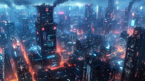 Cyberpunk cityscape with tech-enhanced buildings