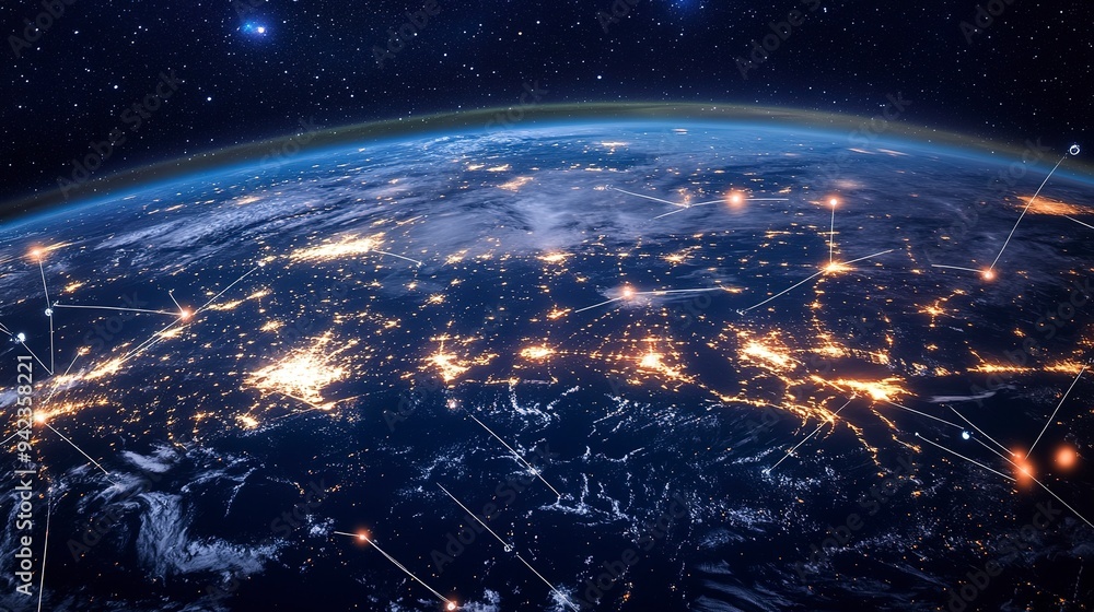 Illuminated Earth with network arcs, showcasing global connectivity at night. Illuminated Earth with network arcs, showcasing global connectivity at night.