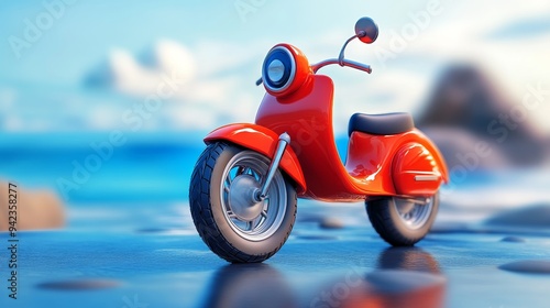 A vibrant red vintage scooter sits on a beach with a blurred ocean background.  The sun shines on its chrome accents.  Photo depicts summer vacation, fun, and freedom.
