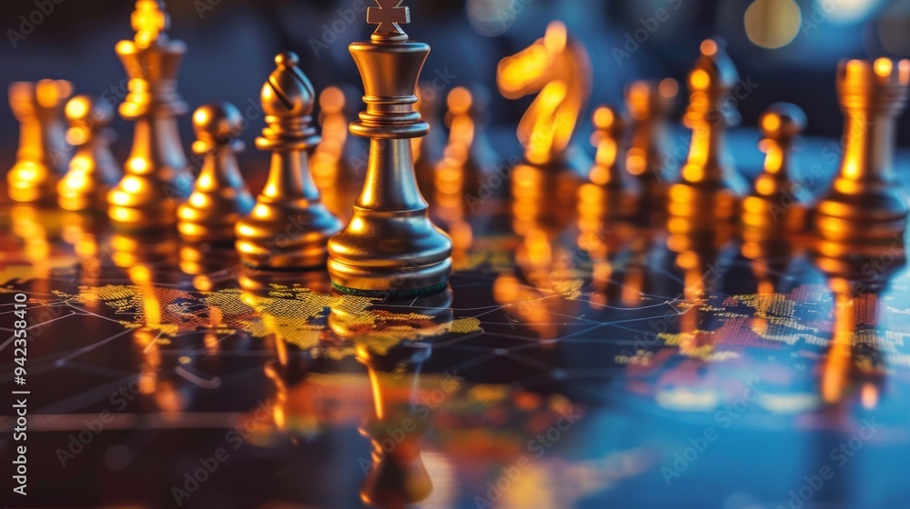 Chess pieces seen from close up, reflecting world map, multinational business strategy generative ai Chess pieces seen from close up, reflecting world map, multinational business strategy generative ai