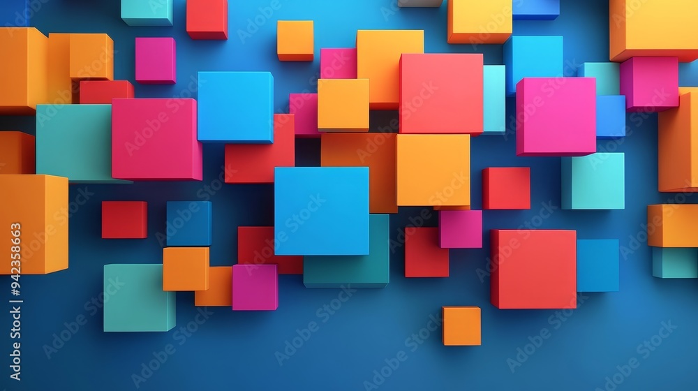 Abstract background with colorful cubes floating against a blue backdrop. Abstract background with colorful cubes floating against a blue backdrop.
