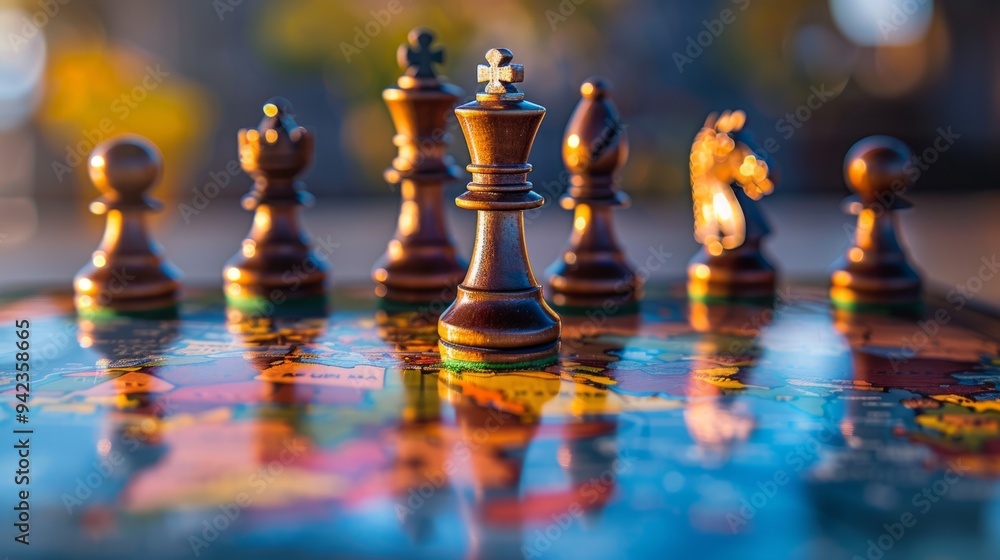 Chess pieces seen from close up, reflecting world map, multinational business strategy generative ai Chess pieces seen from close up, reflecting world map, multinational business strategy generative ai