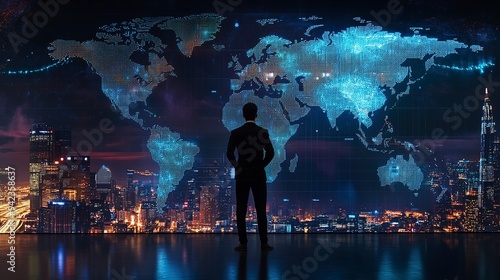 Wallpaper Mural Businessman Standing Before Large Digital World Map Display at Night Torontodigital.ca