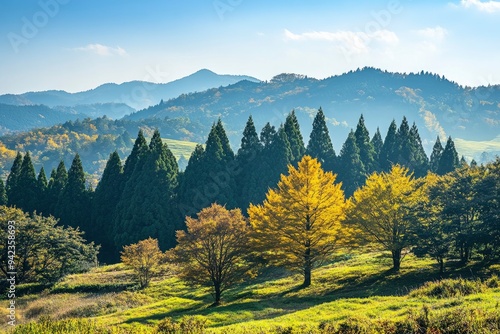 Green hills in Japan, morning, featuring a mountain landscape with trees in autumn colors green yellow orange under a clear blue sky, epitomizing serene natural beauty. SHOTLISTtravel , ai