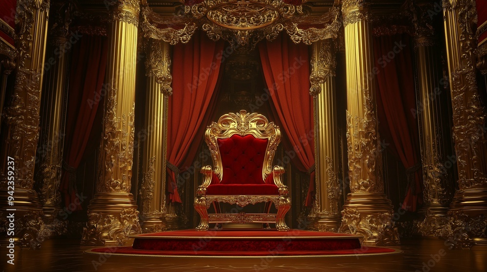 A majestic, gold-embellished throne in a lavish royal chamber. A majestic, gold-embellished throne in a lavish royal chamber.