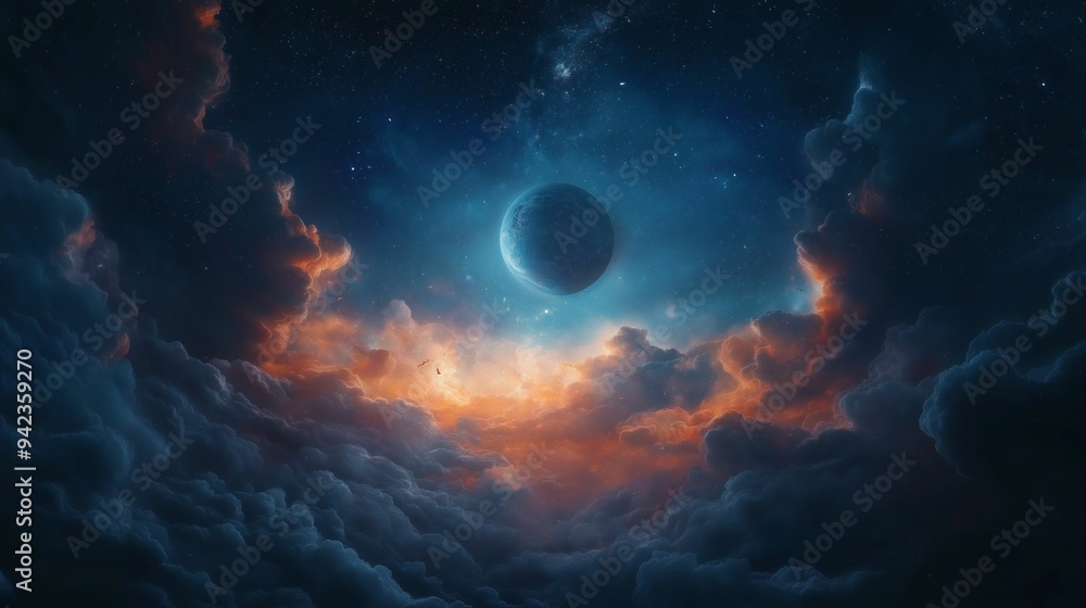 Fototapeta premium A mysterious planet emerges from a dramatic, colorful cloudscape in space, set against a starry backdrop..
