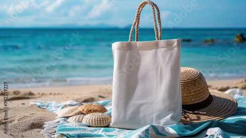 Beach Bag with Hat and Seashells