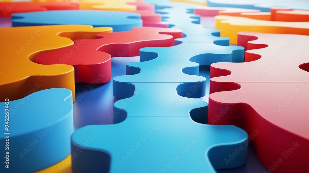 Fototapeta premium Abstract image of colorful puzzle pieces interlocking, symbolizing teamwork, collaboration, and connection.