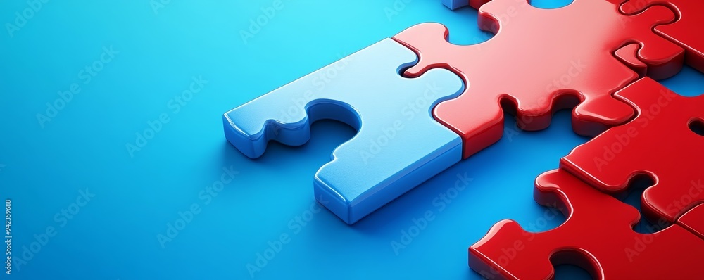 Blue and red puzzle pieces interlock on a blue background. Blue and red puzzle pieces interlock on a blue background.