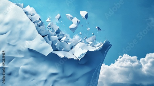 Abstract white structure breaking apart against a blue sky with fluffy clouds. photo