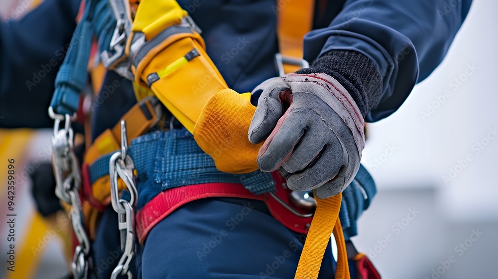 A close-up of a worker's hand gripping safety equipment for climbing or construction. A close-up of a worker's hand gripping safety equipment for climbing or construction.