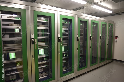 A photo of an unobtrusive server room with several large, silver and green data cabinets. The cabinet doors have multiple rows of windows that display the various computer equipment inside. 